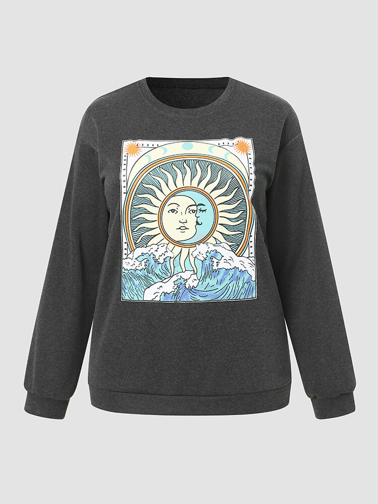 Plus Size Sun Pattern Long Sleeve Print Sweatshirt