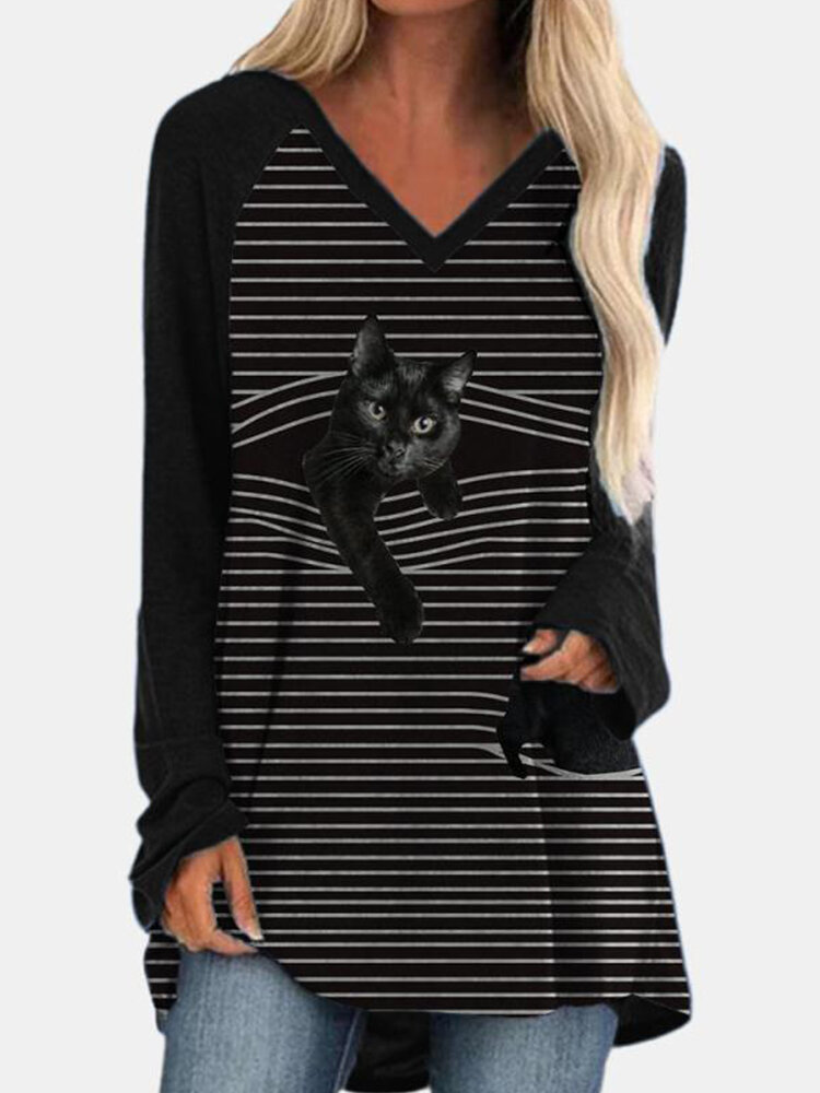 Black Cat Print Long Sleeve V-neck White Striped T-shirt For Women