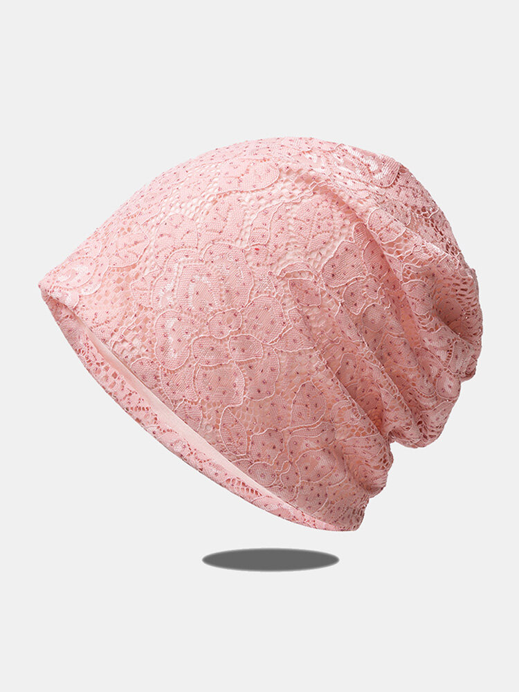 Women Lace Calico With Broken Rhinestones Breathable All-match Beanie Hat