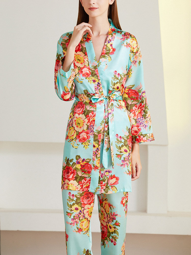 Women Floral Print Faux Silk Lace Up Three Pieces Pajamas Sets