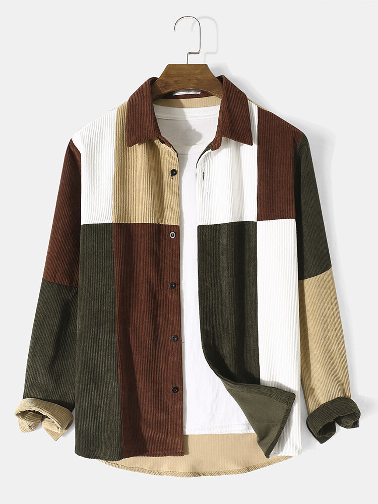 Mens Color Block Patchwork Button Up Corduroy Casual Long Sleeve Shirts