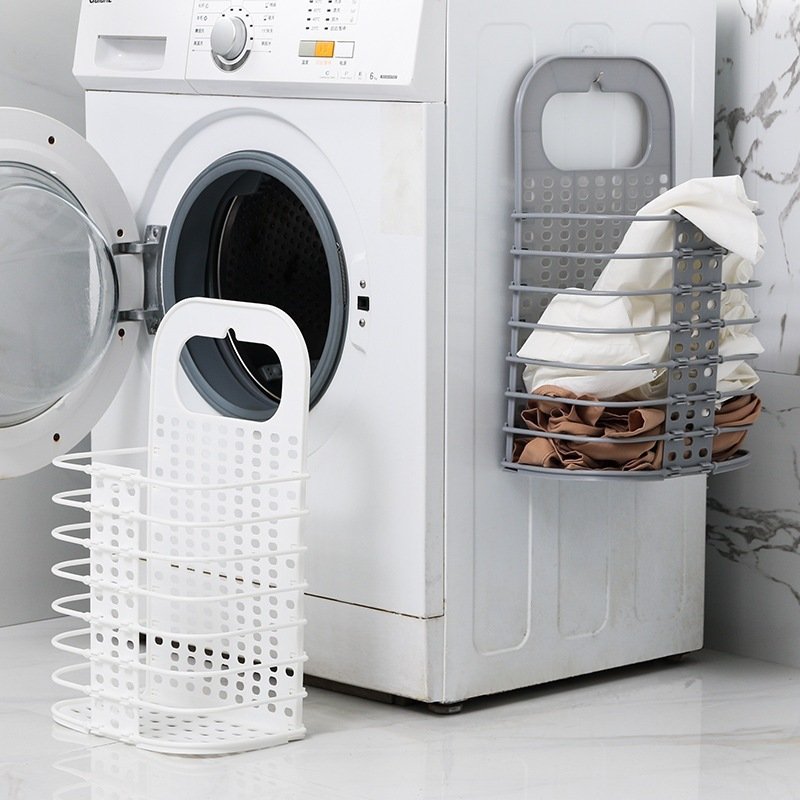 

Folding Hamper Bathroom Clothes Plastic Storage Basket Wall Hanging Laundry Basket, White;grey