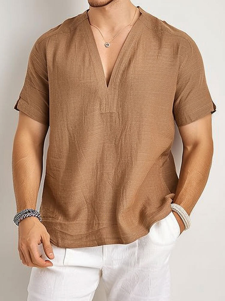 

Mens Solid Color Short Sleeve V-Neck T-Shirts, Brown