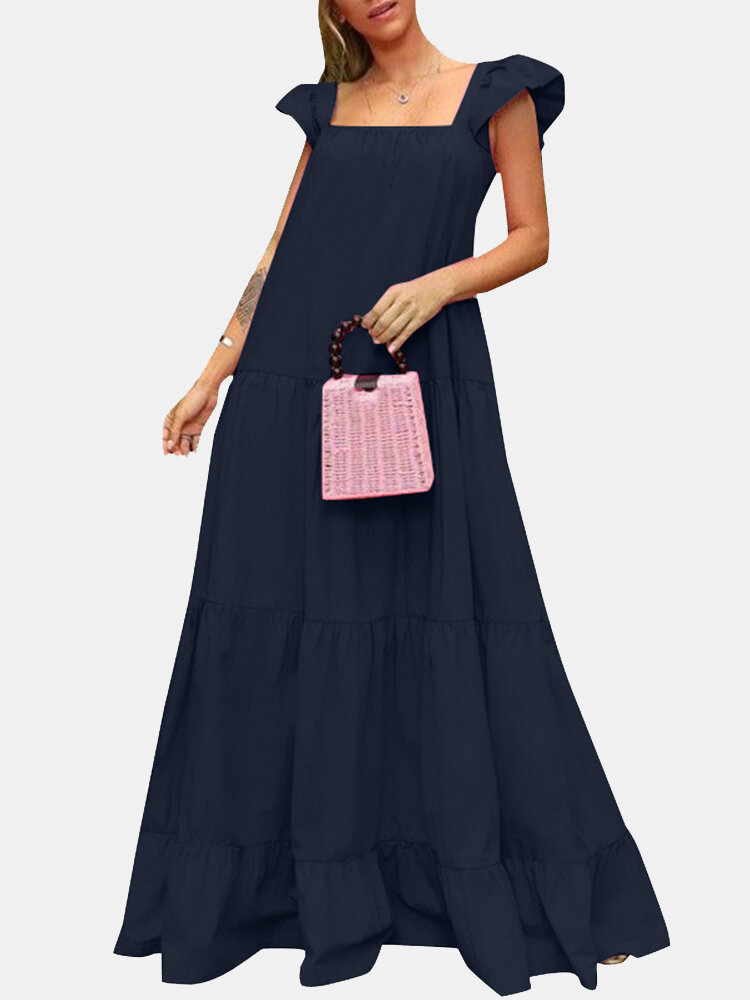 Solid Ruffle Backless Square Collar Casual Maxi Dress