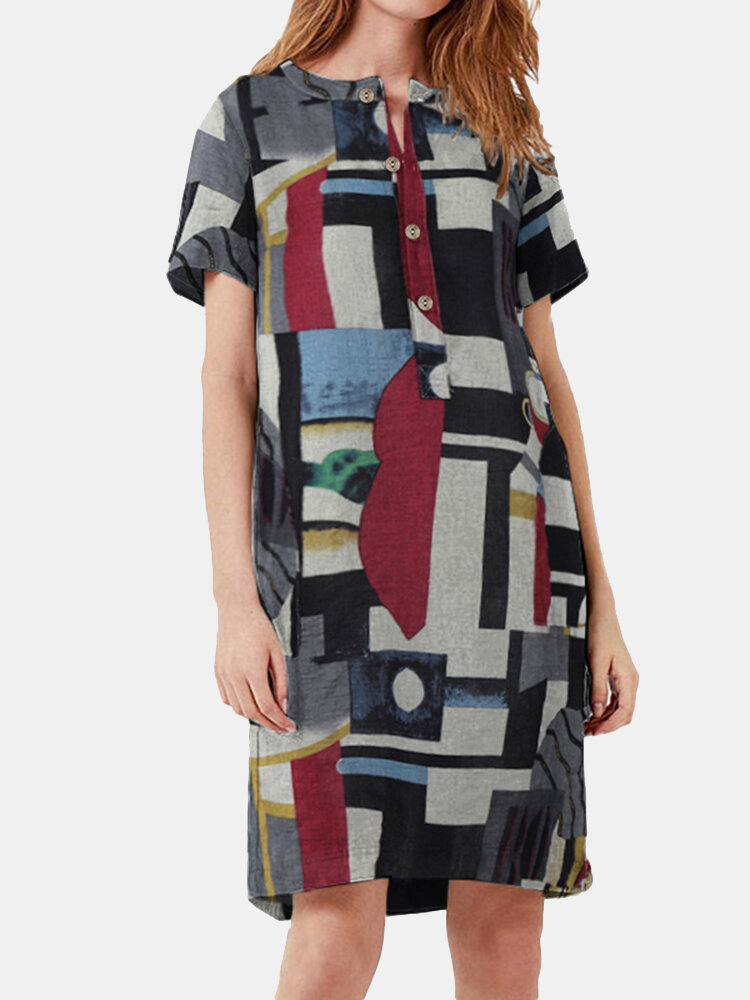 Geometric Printed Short Sleeve Casual Midi Dress For Women