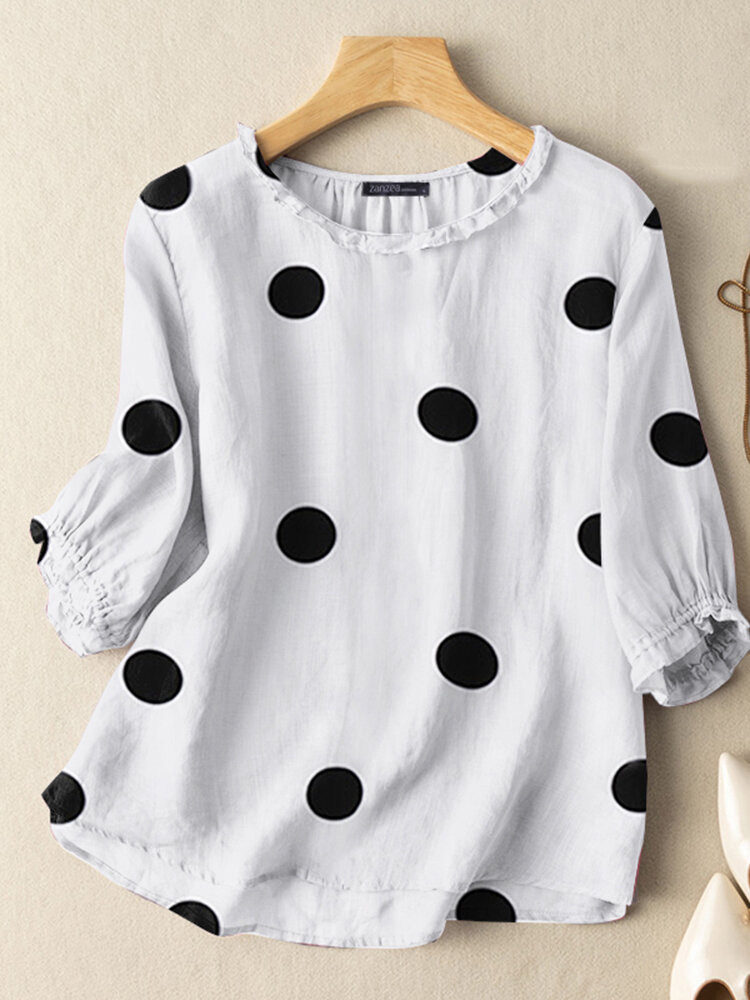 Dot Pattern 3/4 Sleeve Casual Crew Neck Blouse