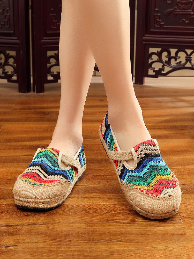 Women Colorful Print Old Peking Embroidered Linen Comfy Slip Resistant Casual Flat Shoes