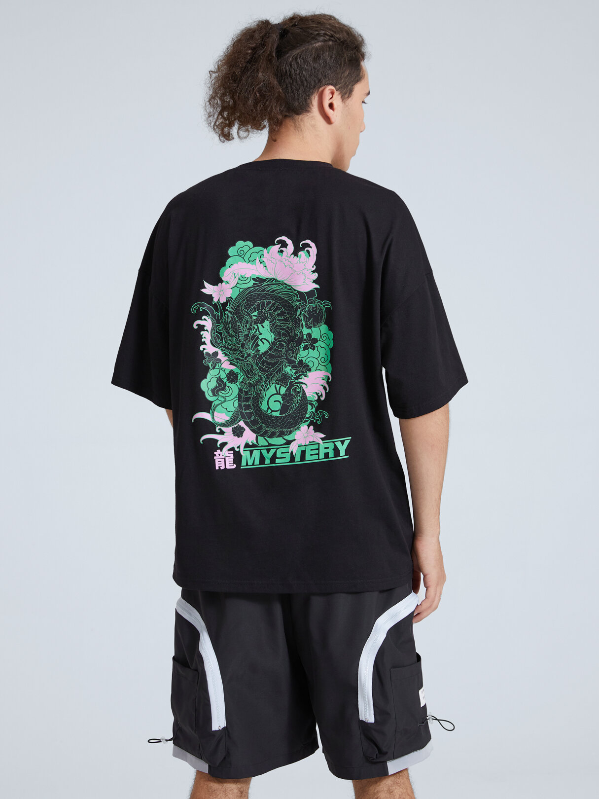 Men Plain Dragon Floral Print Loose Fit T-Shirt