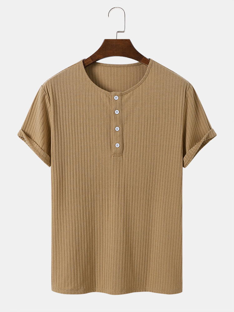 Mens Solid Color Half Button Ribbed Knit Short Sleeve T-Shirts
