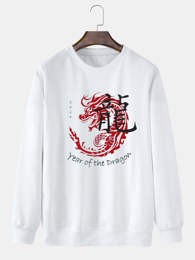 Mens Chinese New Year Dragon Print Crew Neck Pullover Sweatshirts Winter