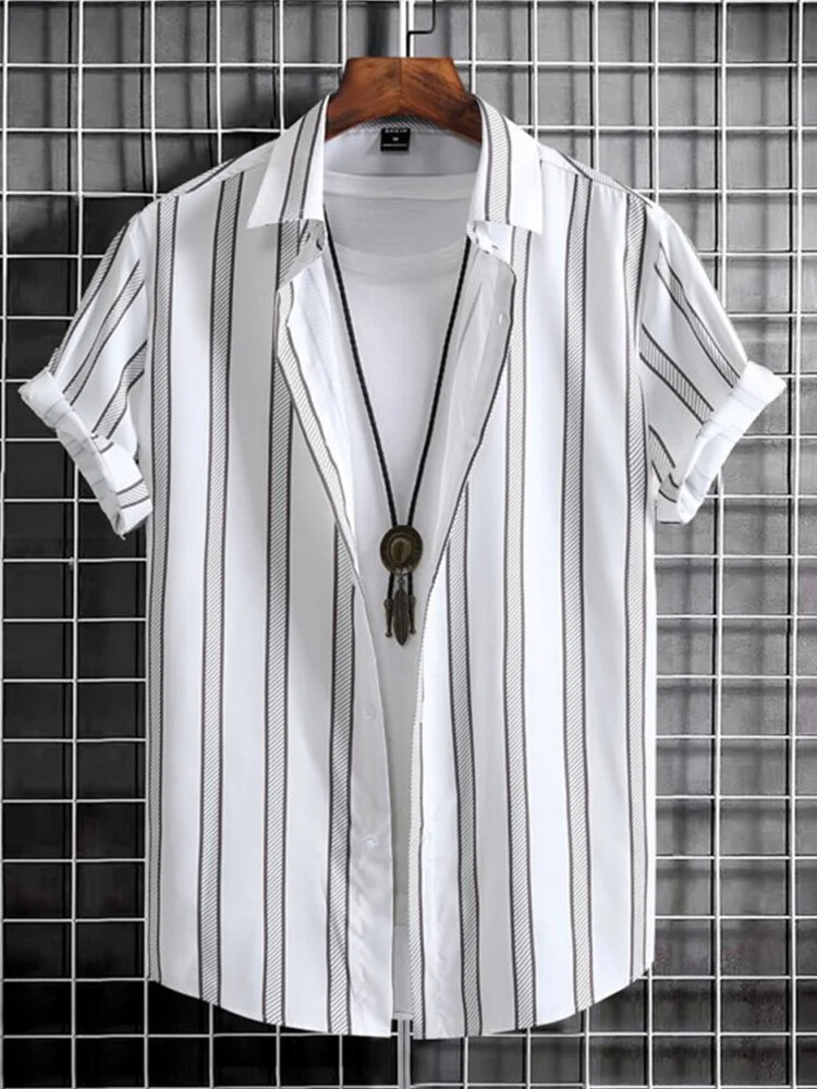 Mens Striped Lapel Collar Camisas de manga curta casuais