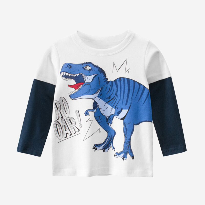

Boy's Dinosaur Print Patchwork Long Sleeves Casual T-shirt For 2-10Y, Off white