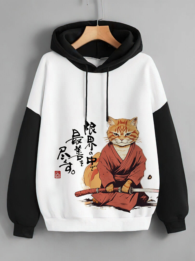 Mens Japanese Warrior Cat Print Patchwork Drawstring Hoodies