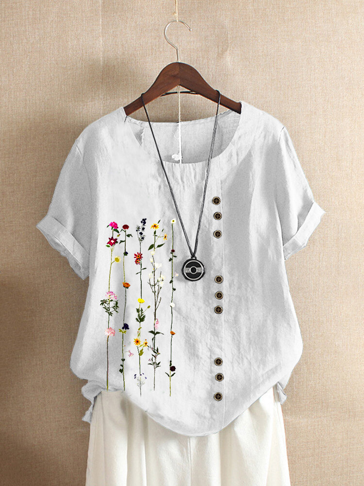 Floral Printed O-neck Short Sleeve Button T-shirt