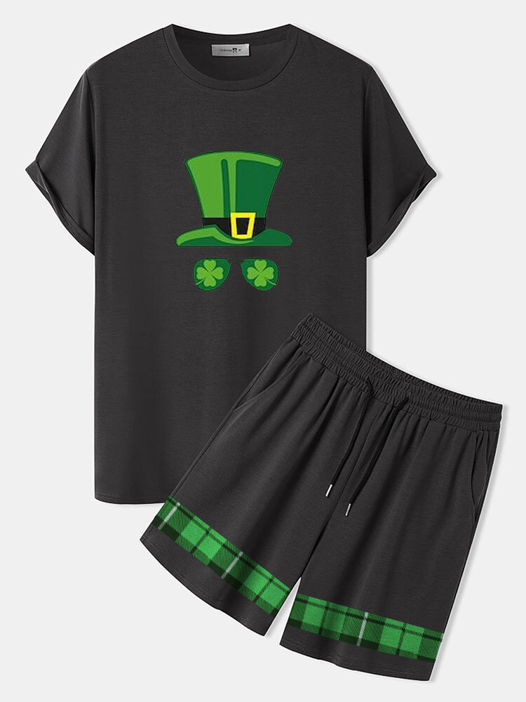 

Mens Clover Plaid Print Crew Neck St Patrick' Day Two Pieces Outfits Winter, Black
