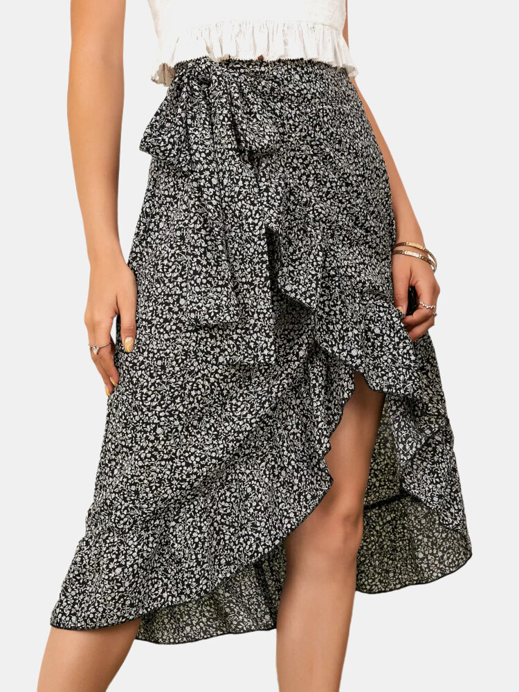 Floral Print Ruffle Tie Irregular Skirt For Women