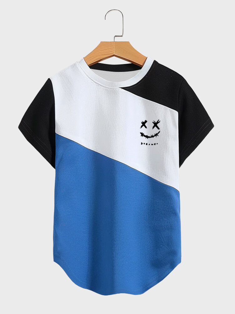 Mens Smile Pattern Patchwork Crew Neck Short Sleeves T-Shirts
