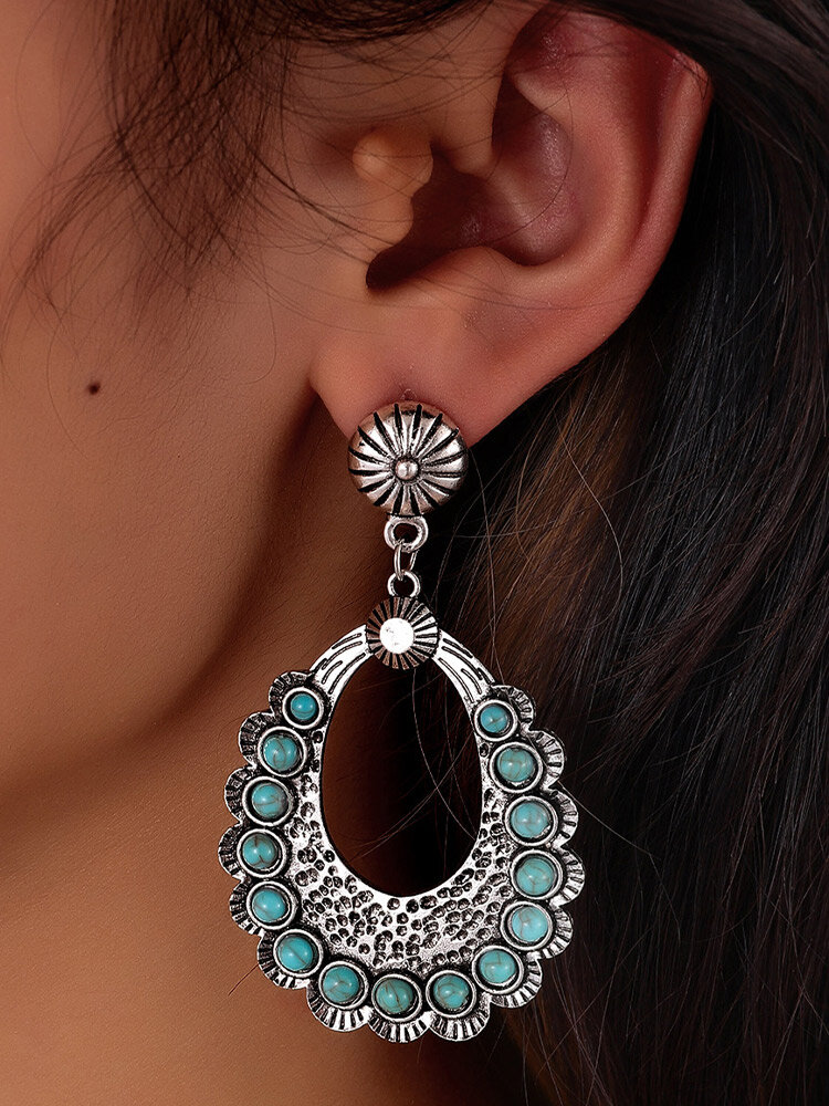 

Vintage Lace Carved Hollow Drop-shaped Inlaid Turquoise Alloy Earrings, Silver