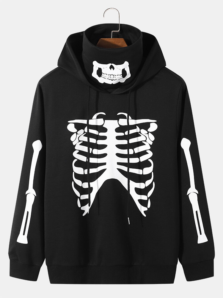 Mens Halloween Skeleton Printed Snood Street Overhead Drawstring Hoodies