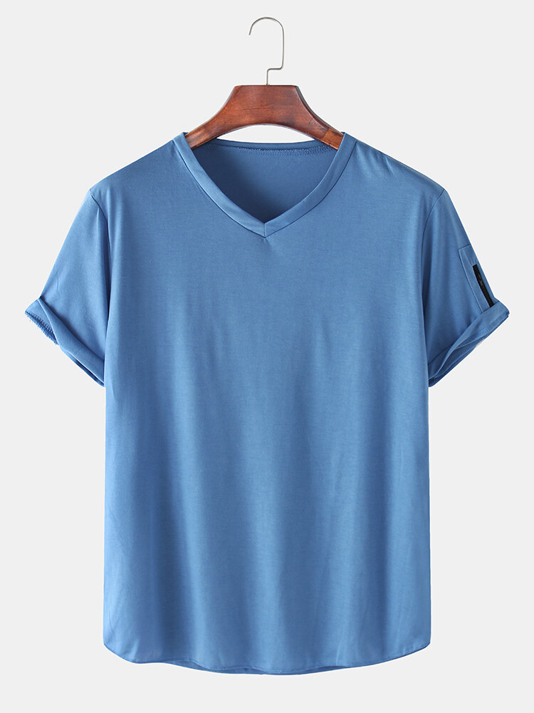 Mens Solid Color Breathable & Thin Loose V-Neck T-Shirts