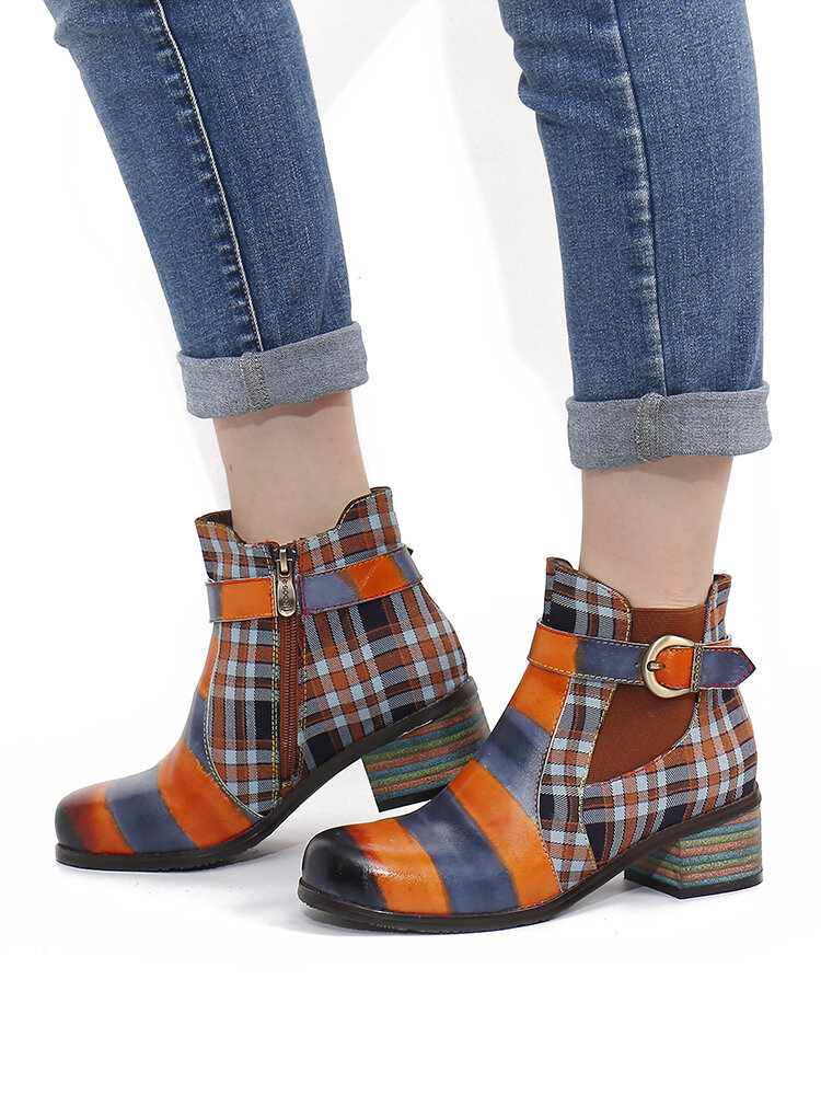 

SOCOFY Retro Color Block Comfy Round Toe Leather Check Cloth Splicing Wearable Chunky Heel Short Boots, Coffee