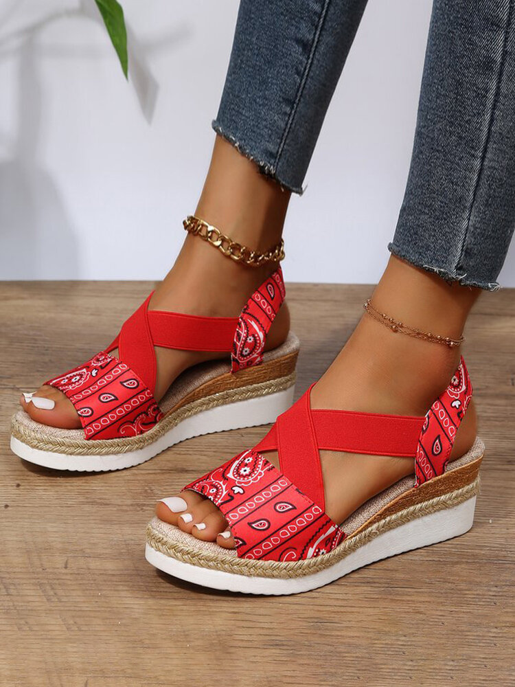 Large Size Cross Elastic Band Retro Ethnic Pattern Wedges Sandals For Women