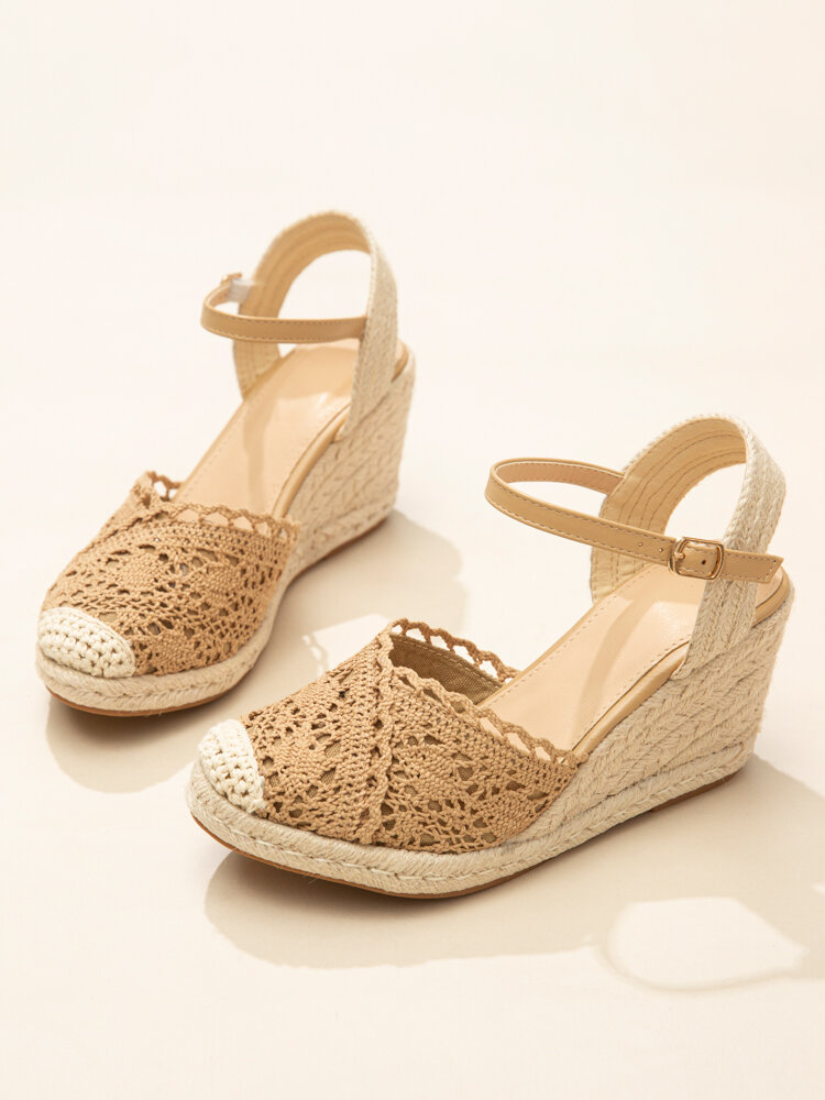 Women Casual Breathable Lace Closed Toe Buckle Comfy Espadrille Wedges