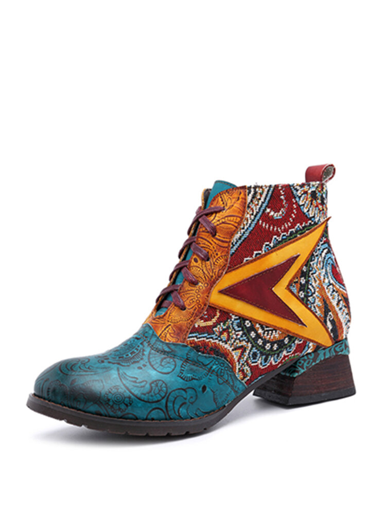 Socofy Casual Retro Leather Patchwork Paisley Print Lace Up Soft Comfortable Side Zipper Low Block Heel Short Boots