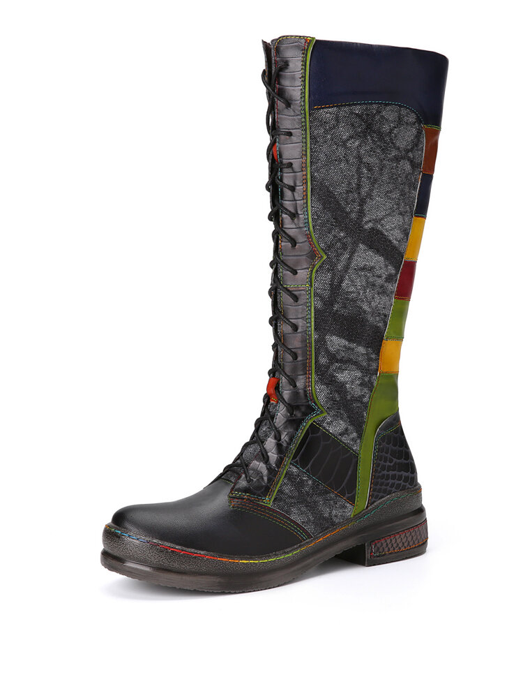 Socofy casual bloco de cor bloco de couro patchwork com cordão confortável joelho botas altas de combate
