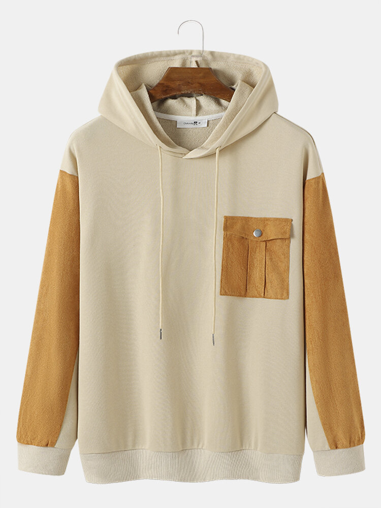 Mens Contrast Color Buttons Flat Pocket Hooded Sweatshirts