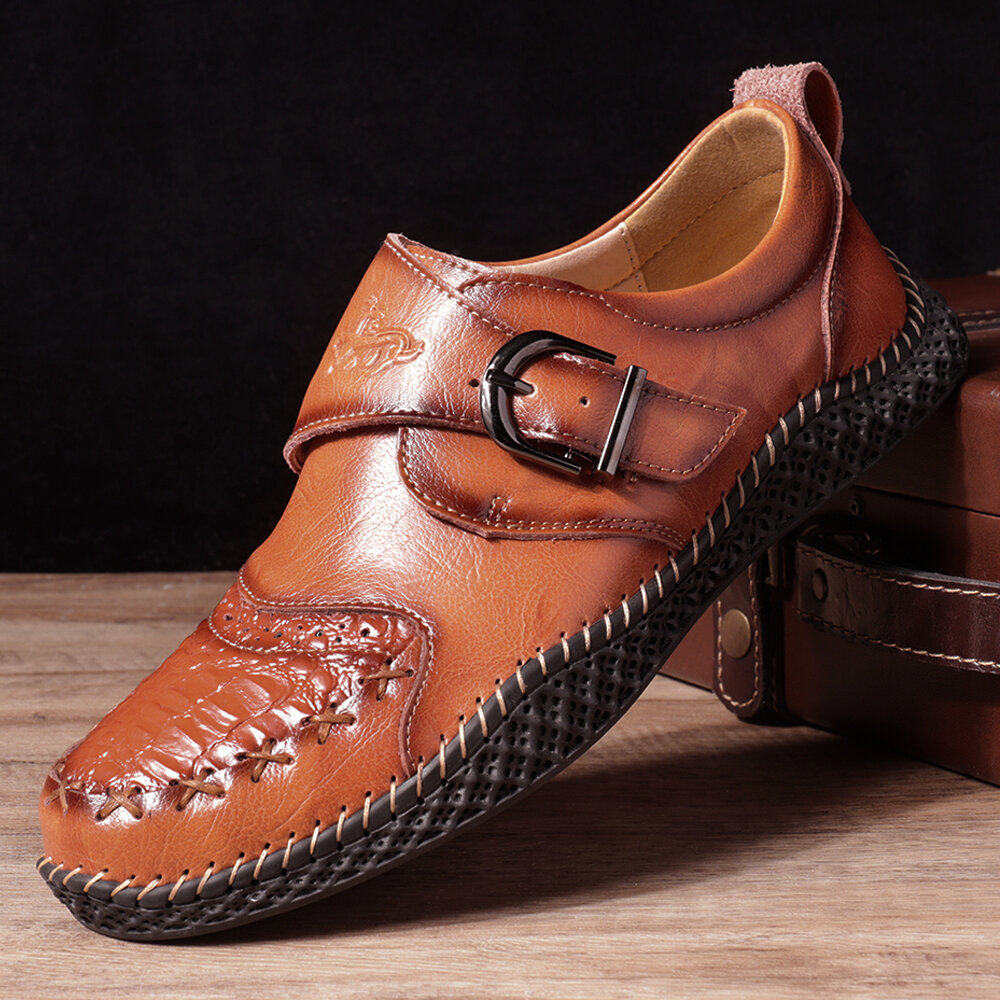 Menico Men Stylish Hand Stitching Crocodile Pattern Hook Loop Leather Shoes