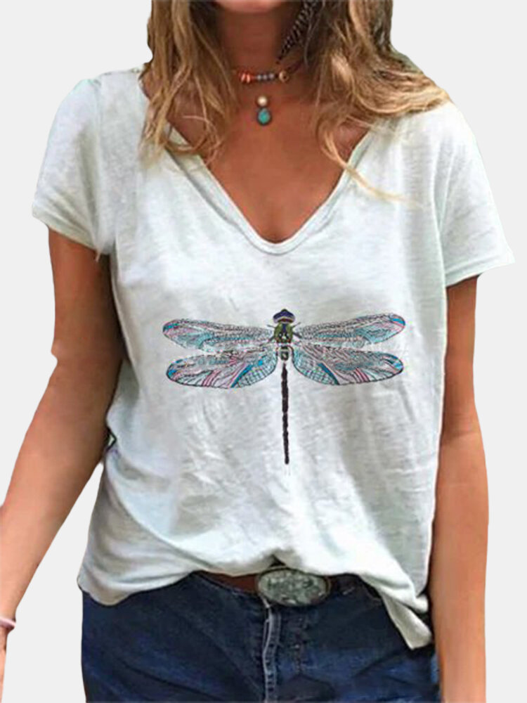 Dragonfly Printed Short Sleeve V-neck T-shirt For Women