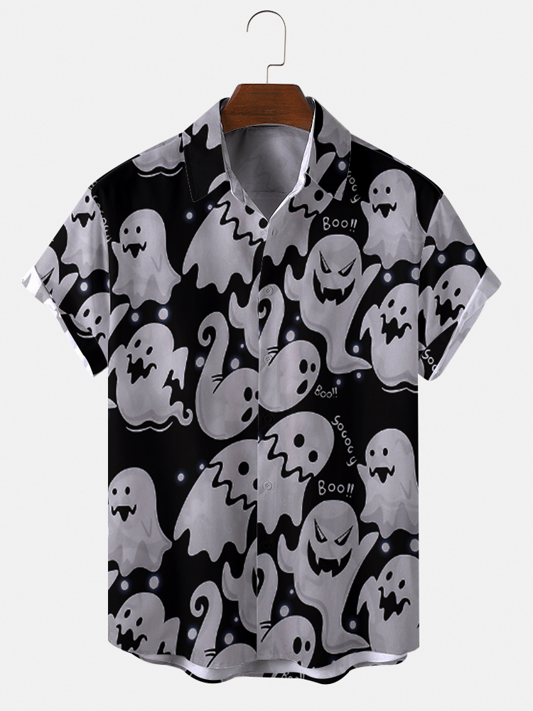 Mens Ghost Animated Halloween Buttons Up Short Sleeve Shirts