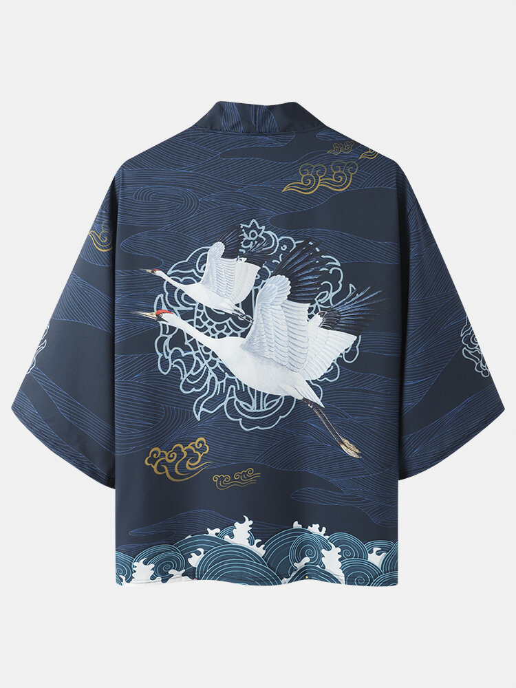 Mens Crane Print Ethnic Style Open Front 3/4 Sleeve Kimono