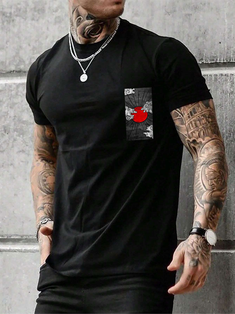 T-shirts à manches courtes et col rond imprimé élément japonais pour hommes