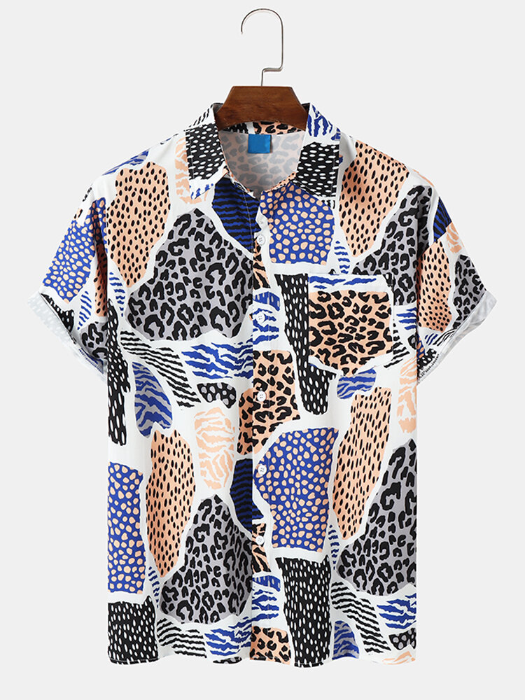 Mens Block Leopard Print Button Up Short Sleeve Shirts