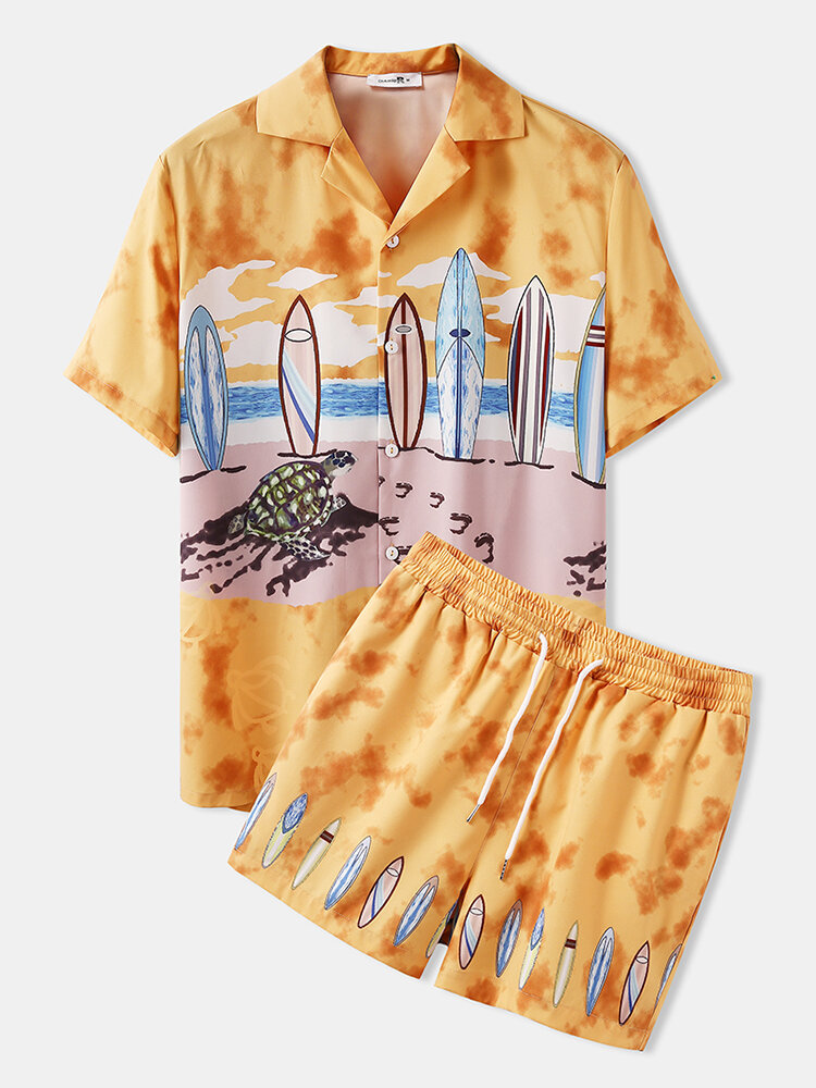 

Holiday Tropical Hawaii Pattern Sets Two Pieces Outfits Short Sleeve Shorts with Loose Bottoms Beachwear for Men, Yellow