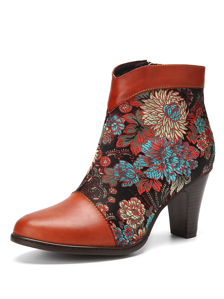 Socofy Genuine Leather Side Zipper Embroidered Ethnic Floral Comfy Heel Boots
