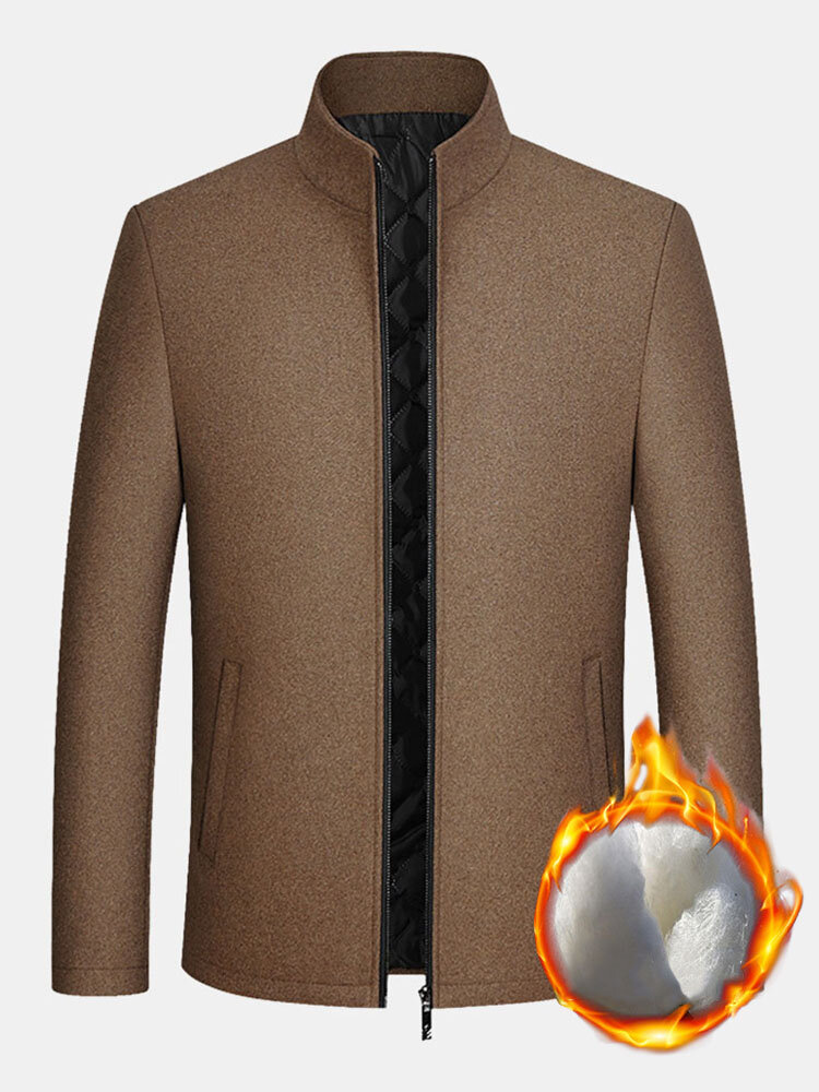 Mens Pure Color Stand Collar Zip Up Warm Casual Woolen Overcoats