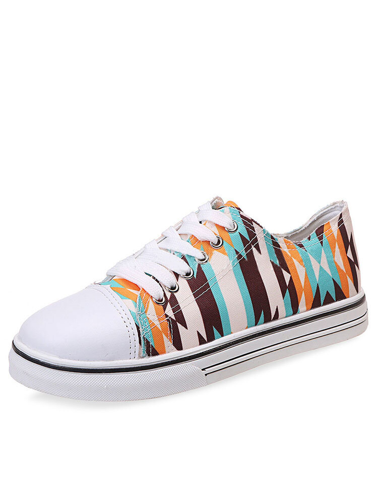 Plus Size Women Casual Skateboard Shoes Comfy Lace-up Printed Canvas Sneakers