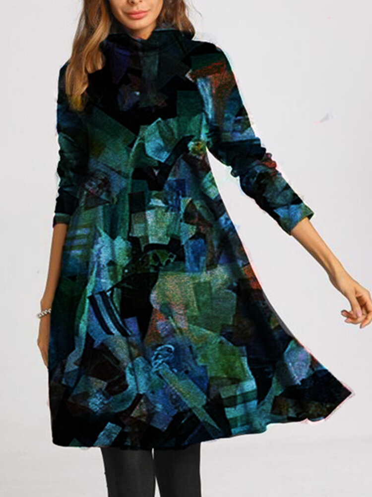 Turtleneck Multi-color Print Long Sleeve Casual Dress For Women