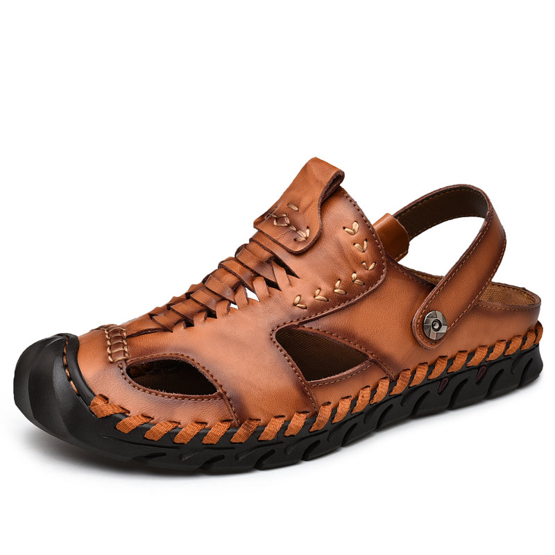 Men Outdoor Hand Stitching Closed Toe Soft Non Slip Casual Leather Sandals