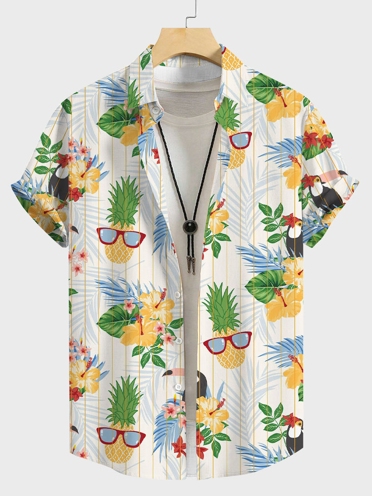 Mens Tropical Funny Pineapple Striped Print Lapel Hawaiian Vacation Shirts