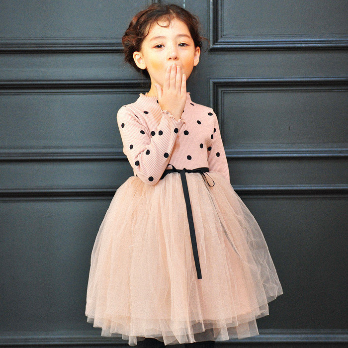 

Elegant Patchwork Dot Mosaic Gauze Kids Girls Party Tulle Dresses For 3Y-11Y, Pink;black