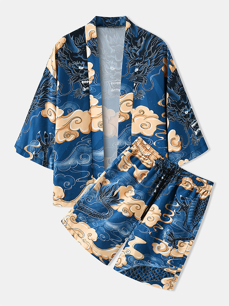 Mens Dragon Print Japanese Kimono Two Pieces Outfits