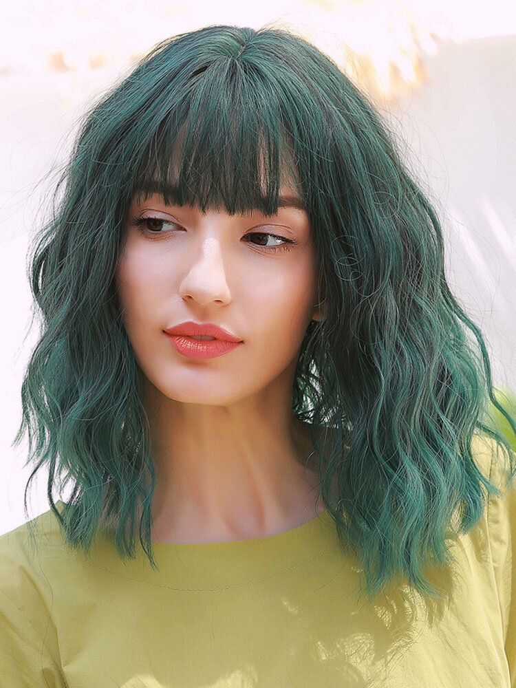 14 Inch Green Gradient Medium Long Curly Hair Bangs Fluffy Breatable Chemical Fiber Wig