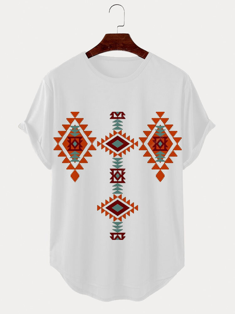 Herren-T-Shirts mit ethnischem geometrischem Argyle-Print und abgerundetem Saum, kurzärmelig, für den Winter