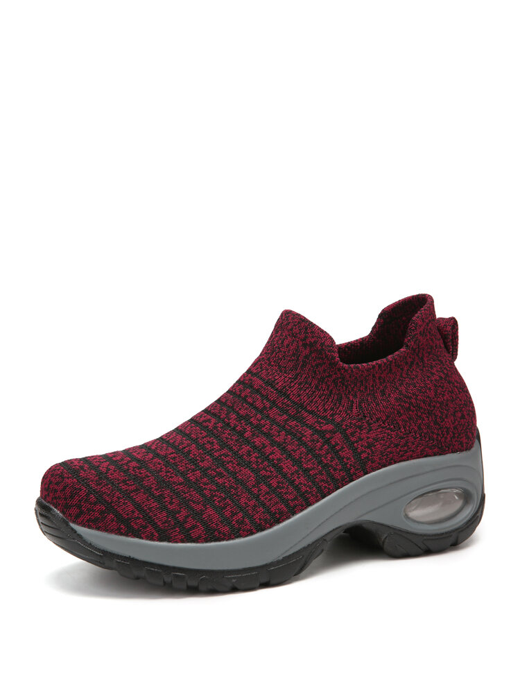 

Women Casual Breathable Striped Knitted Cushioned Sports Walking Shoes, Purplish red;claret;dark gray;black