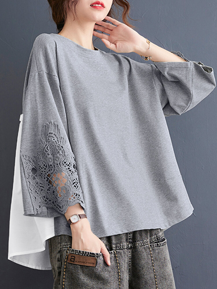 Hollow Stitch Contrast Long Sleeve Crew Neck Loose Blouse