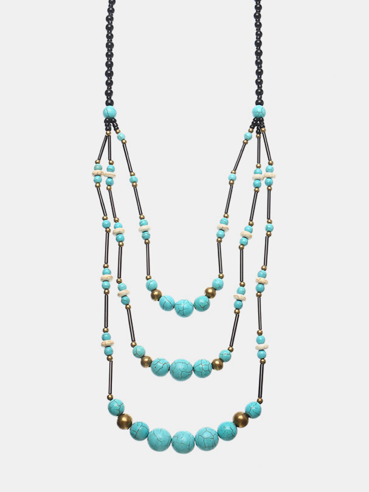 Women's Ethnic Necklace Multilayer Turquoise Bead Retro Necklace